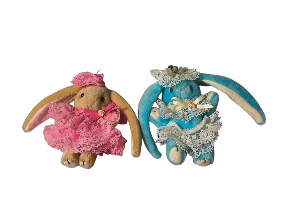 Lot of 2 Plush Bunny Rabbits Dressed in Lace Dresses Small 6in Pink/Blue vintage